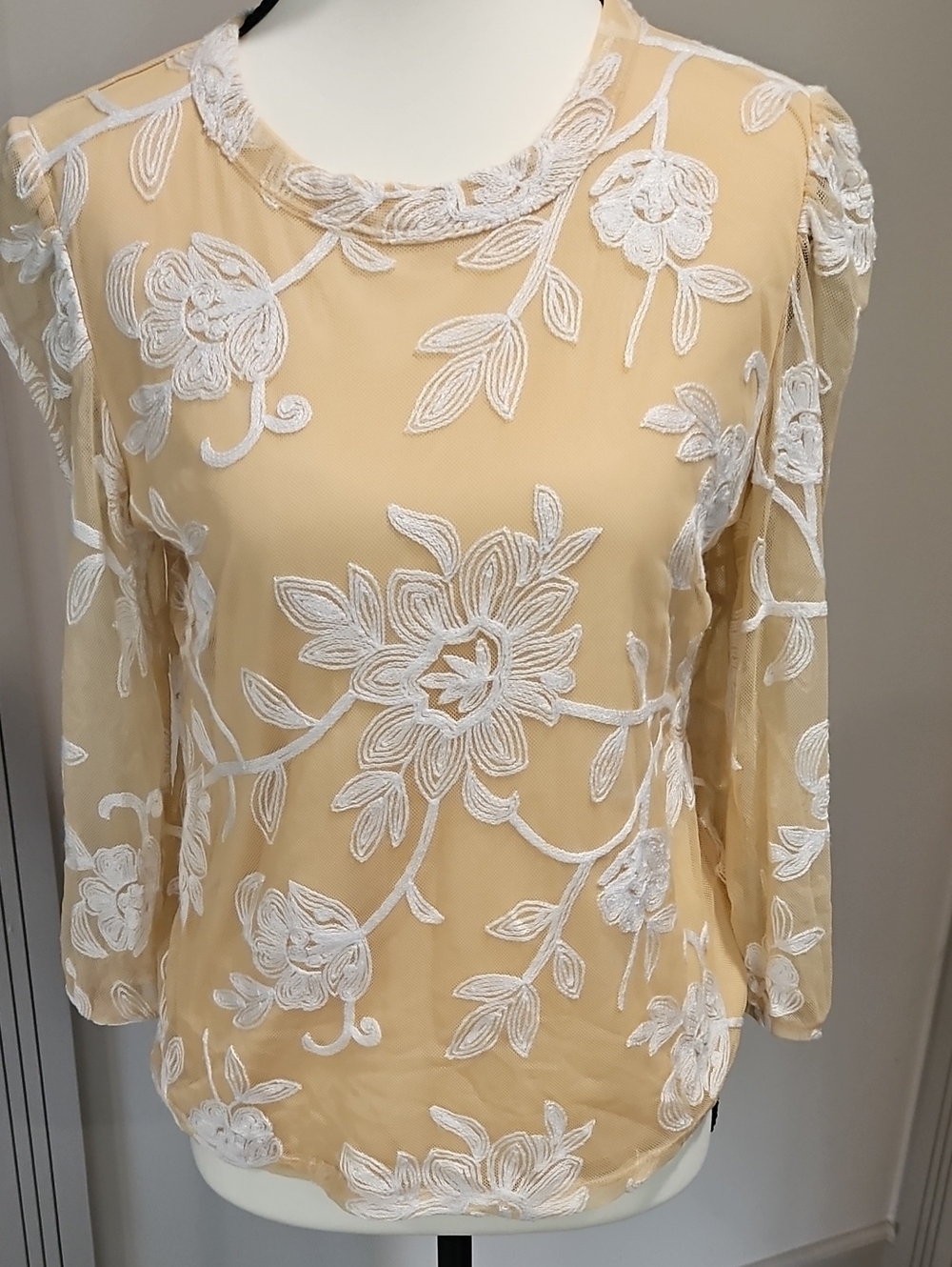 Kim & Cami Beige Embroidered Floral Lace Blouse